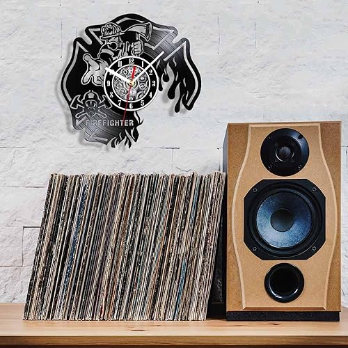Miniatura 6 de The Geeky Days Reloj de pared con disco de vinilo de bombero, cruz maltesa quemada de 12 pulgadas, funciona con pilas, reloj silencioso sin tictac,