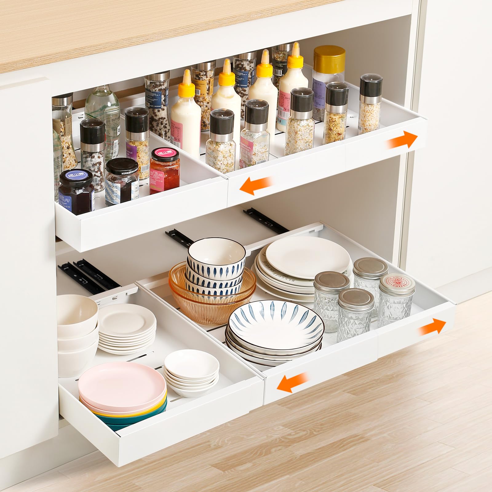 2 PACK Pull Out Cabinet Organiser, Extendable Large Slide Out Kitchen Storage Drawer Shelf, Drawers Cabinet Basket with Handle for Kitchen Bathroom, No Need Drill and Nailing(Range 32-48cm)