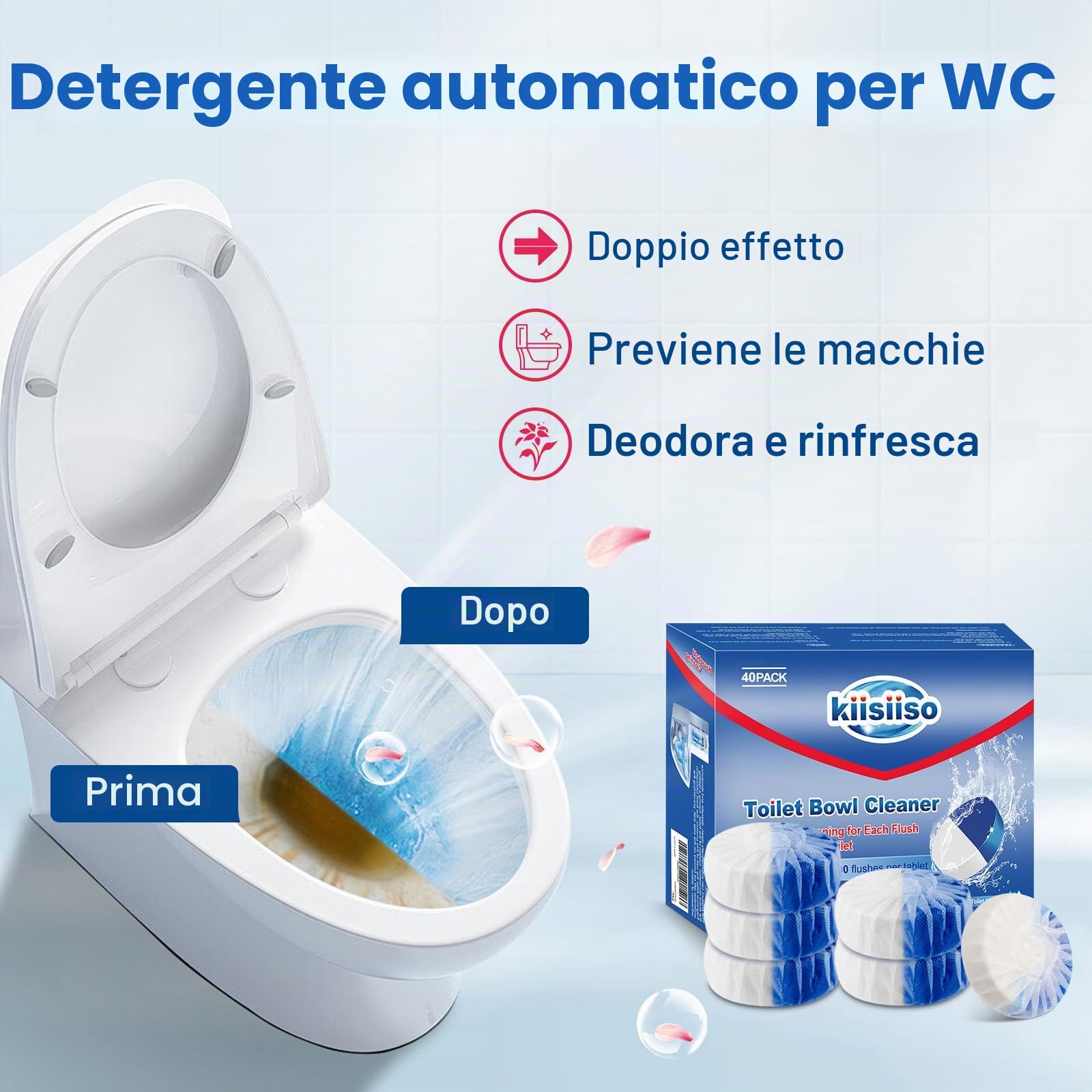 KIISIISO Confezione da 40 pastiglie detergenti per WC, a lunga durata, con tecnologia a rilascio prolungato contro le macchie ostinate, detergente automatico per WC per deodorare e decalcificare