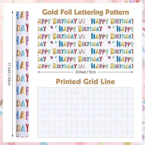 Miniatura 2 de woric Rollo de papel de regalo de cumpleaños de 17 pulgadas x 33 pies de papel de aluminio colorido con letras de feliz cumpleaños, papel de regalo