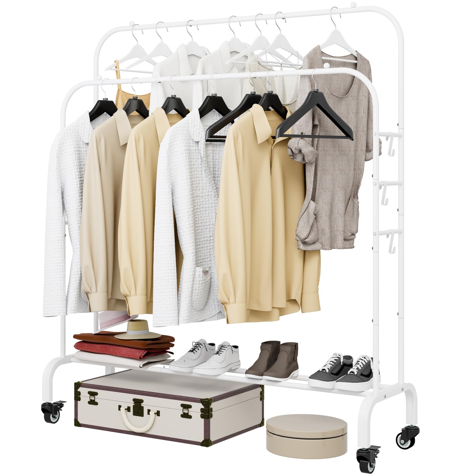 Garment Rack with Wheels Clothing Rack for Hanging Clothes Multi-functional Bedroom Clothes Rack?White+Double Rods