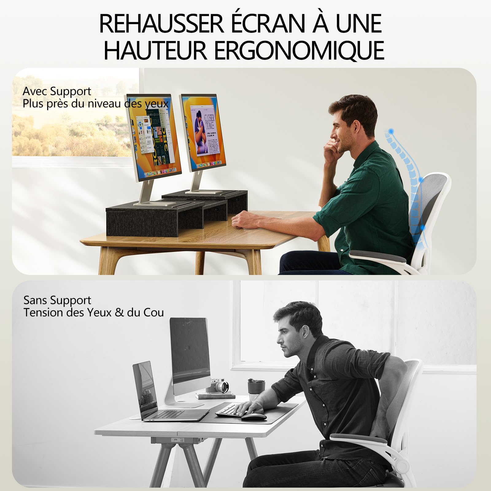 AMERIERGO Support Moniteur Double, Rehausseur Écran PC Bureau Ajustable avec 2 Fentes, Organisateur Bureau Portable