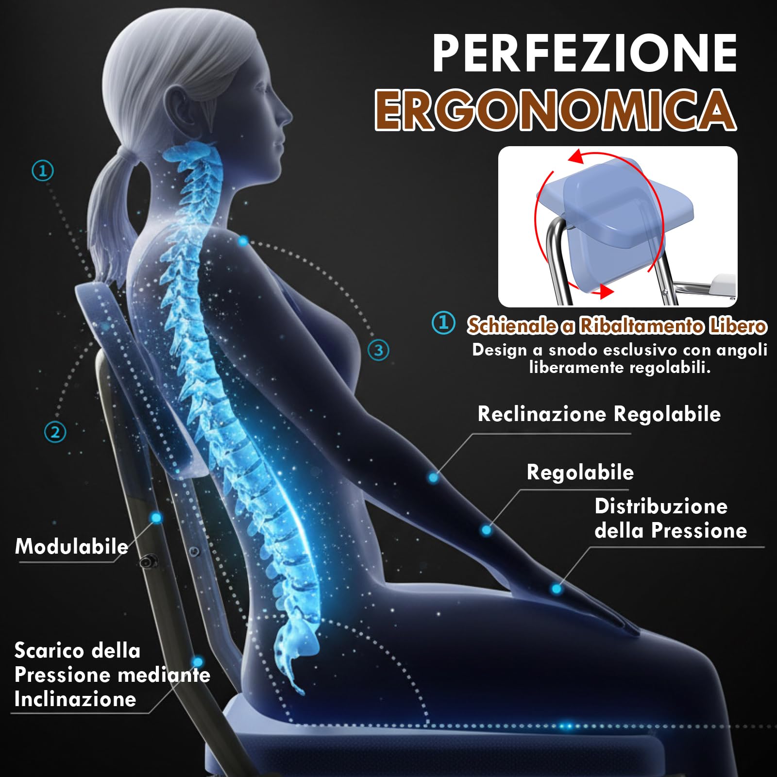 Sedia WC 4 in 1 per anziani: schienale ergonomico girevole regolabile in altezza, sedia da doccia pieghevole con cuscino in EVA, telaio stabile in acciaio inox