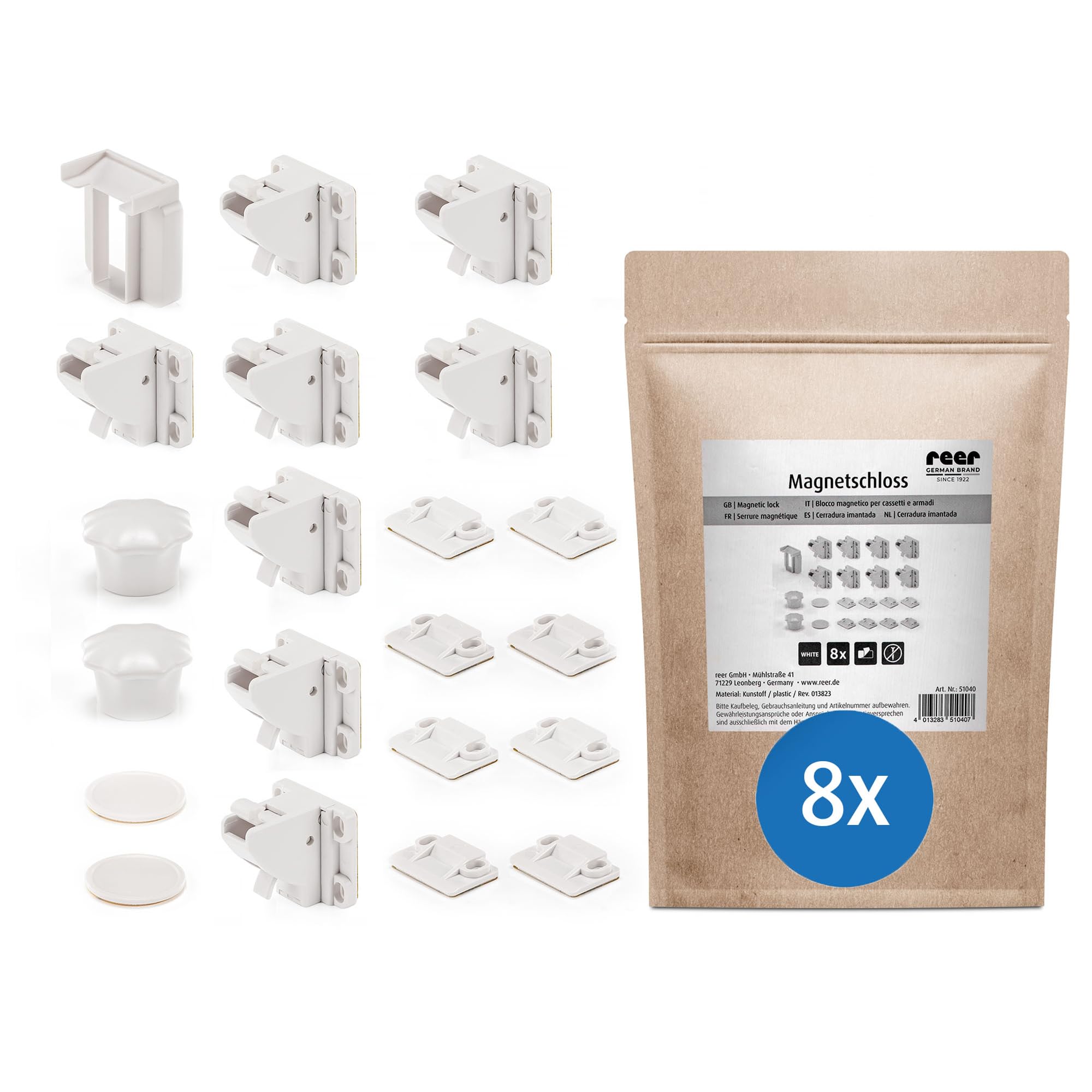 reer Magnetschloss | 8 Stück in Paper Bag | Magnetische Kindersicherung | Schrank- und Schubladensicherung zum Kleben | Sicherheit für Babys und Kinder | Erstausstattung