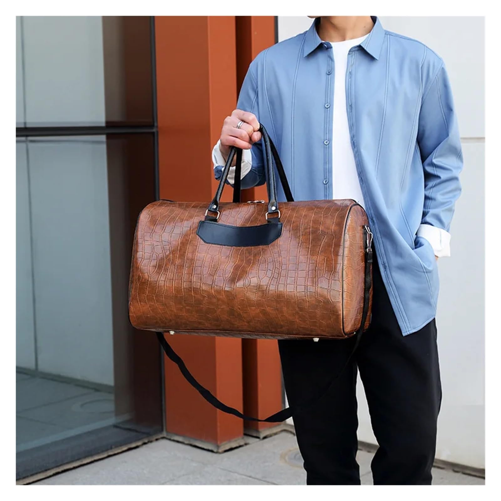 Bolsa De Viaje De Cuero Bolsos de viaje de cuero for hombres de negocios, bolsos de mano de gran capacidad, bolsos de mano, bolsos de viaje de embarque de moda, equipaje, bolso deportivo grande(Brown)