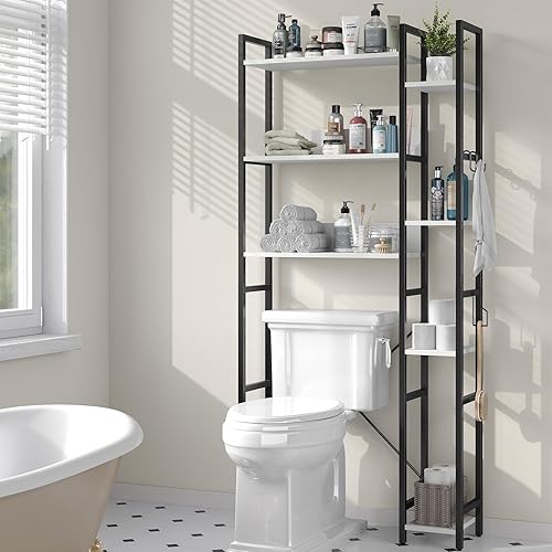 monshey Estante de almacenamiento sobre el inodoro con soporte de papel higiénico, organizador de baño con ganchos, estante de inodoro que ahorra