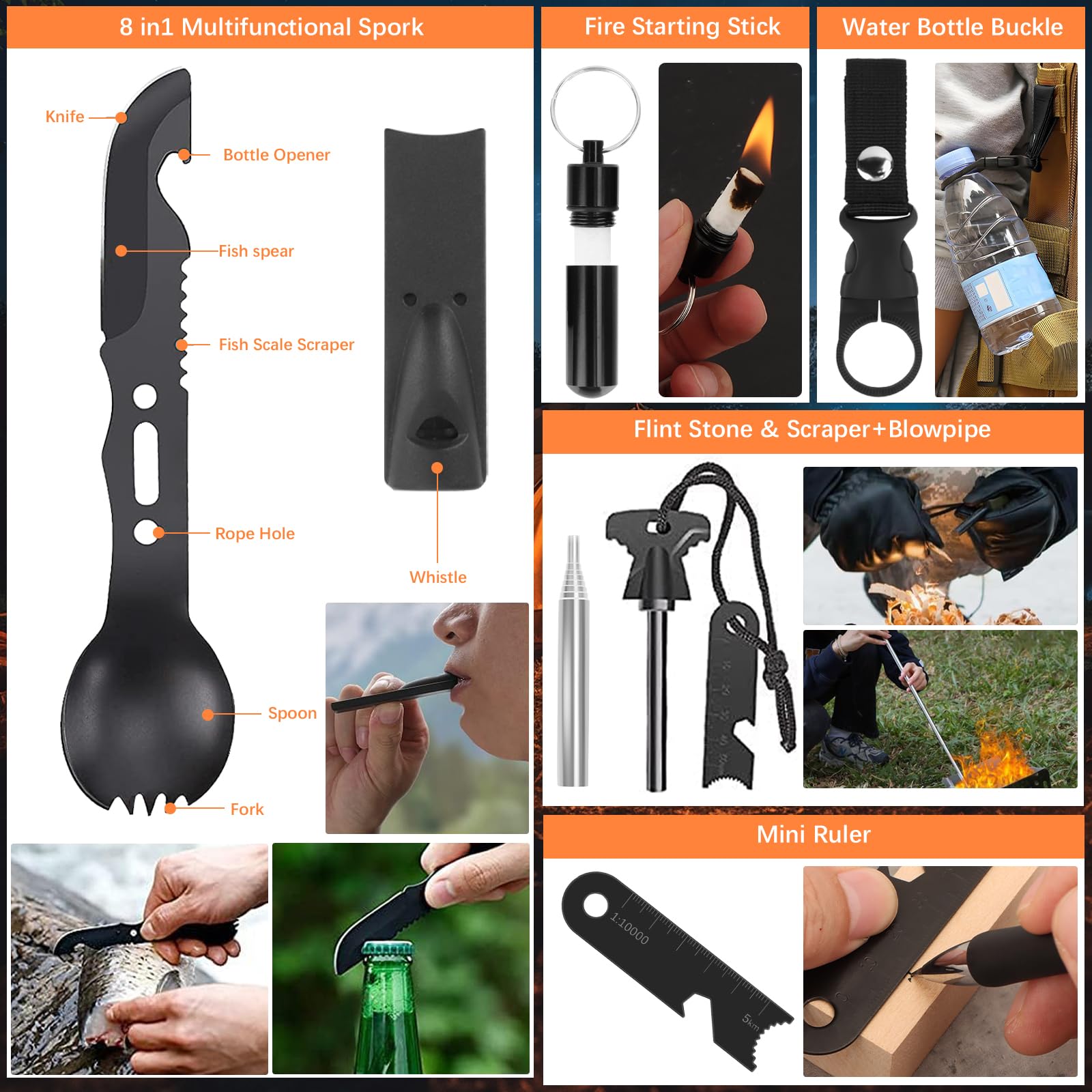69 Piezas Kit de Supervivencia de Emergencia 30 IN 1, Linterna Táctica, Brújula, Acero de Fuego, Herramientas Multifunción y Poncho de Lluvia, Equipo de Emergencia para Camping, Senderismo