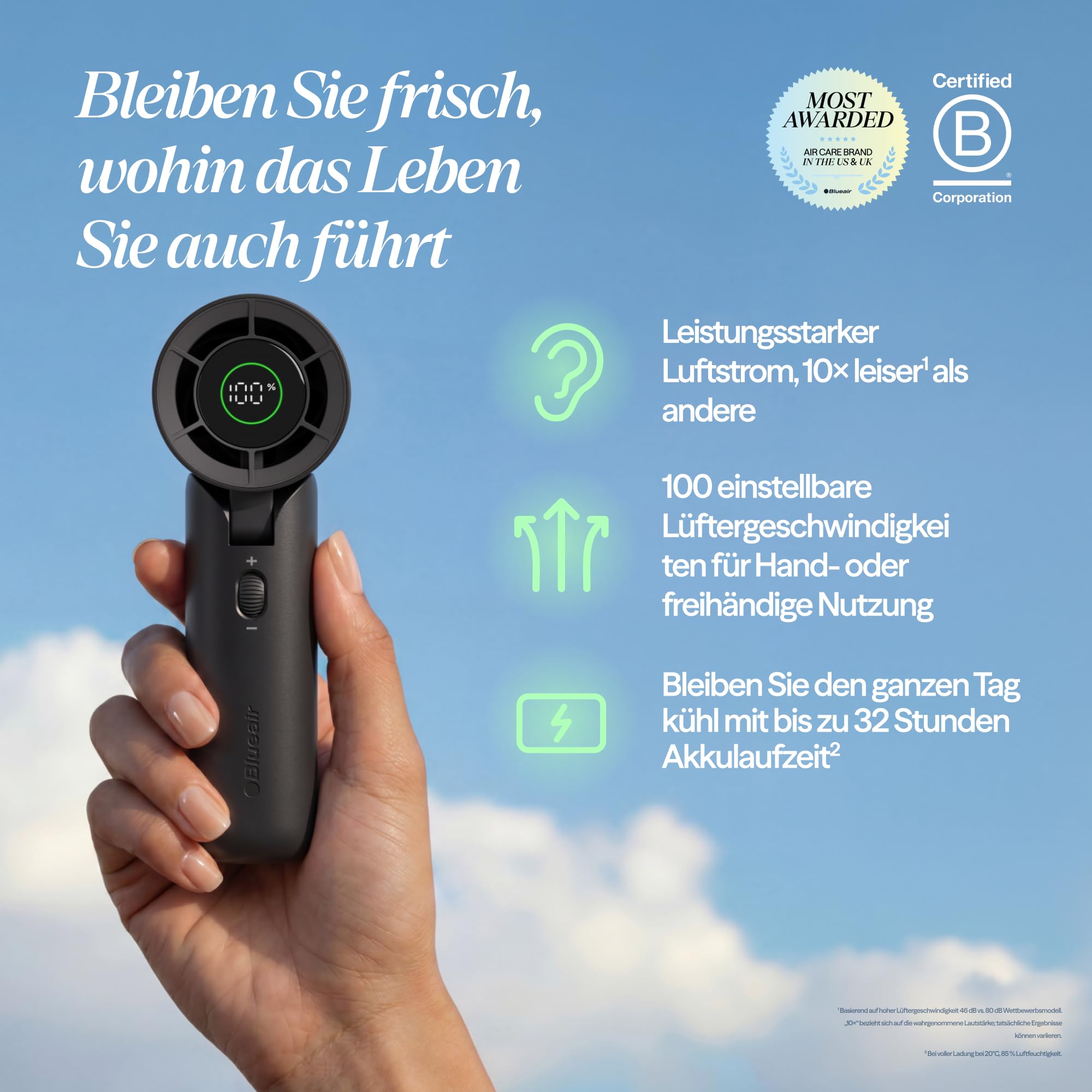 BLUEAIR AlwaysCool Tragbarer Handventilator F7 – Persönlicher Kühlkomfort mit bis zu 36 Stunden Akkulaufzeit, leisem Betrieb und kraftvollem Luftstrom. USB-C wiederaufladbar