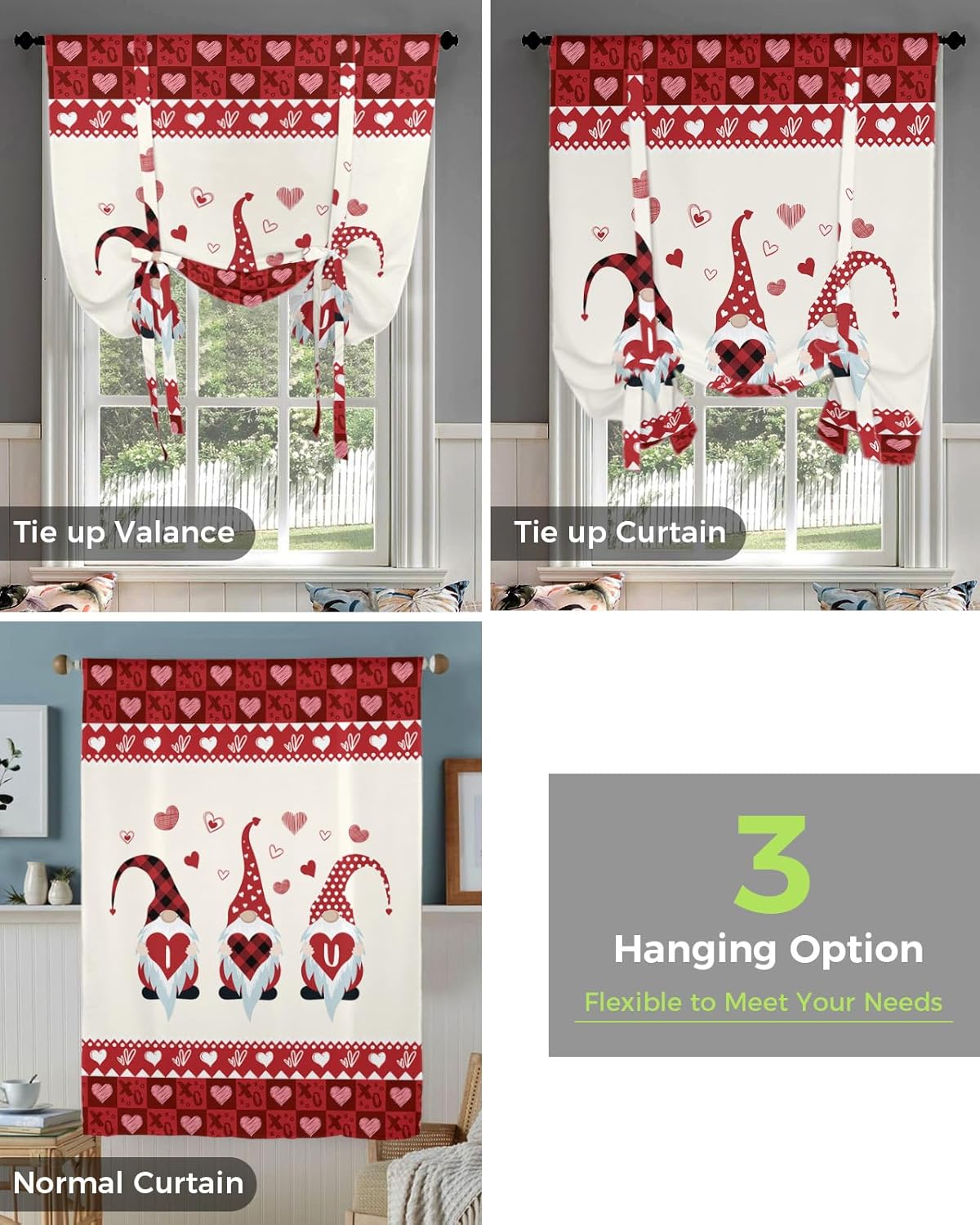 Sweet Gnome Tie Up Window Shade Curtain Valentine's Day Love Kitchen Adjustable Balloon Curtains Shades Drape 46x63In for Living Room/Bedroom/Cafe Windows Romantic Dwarf Chic Plaid