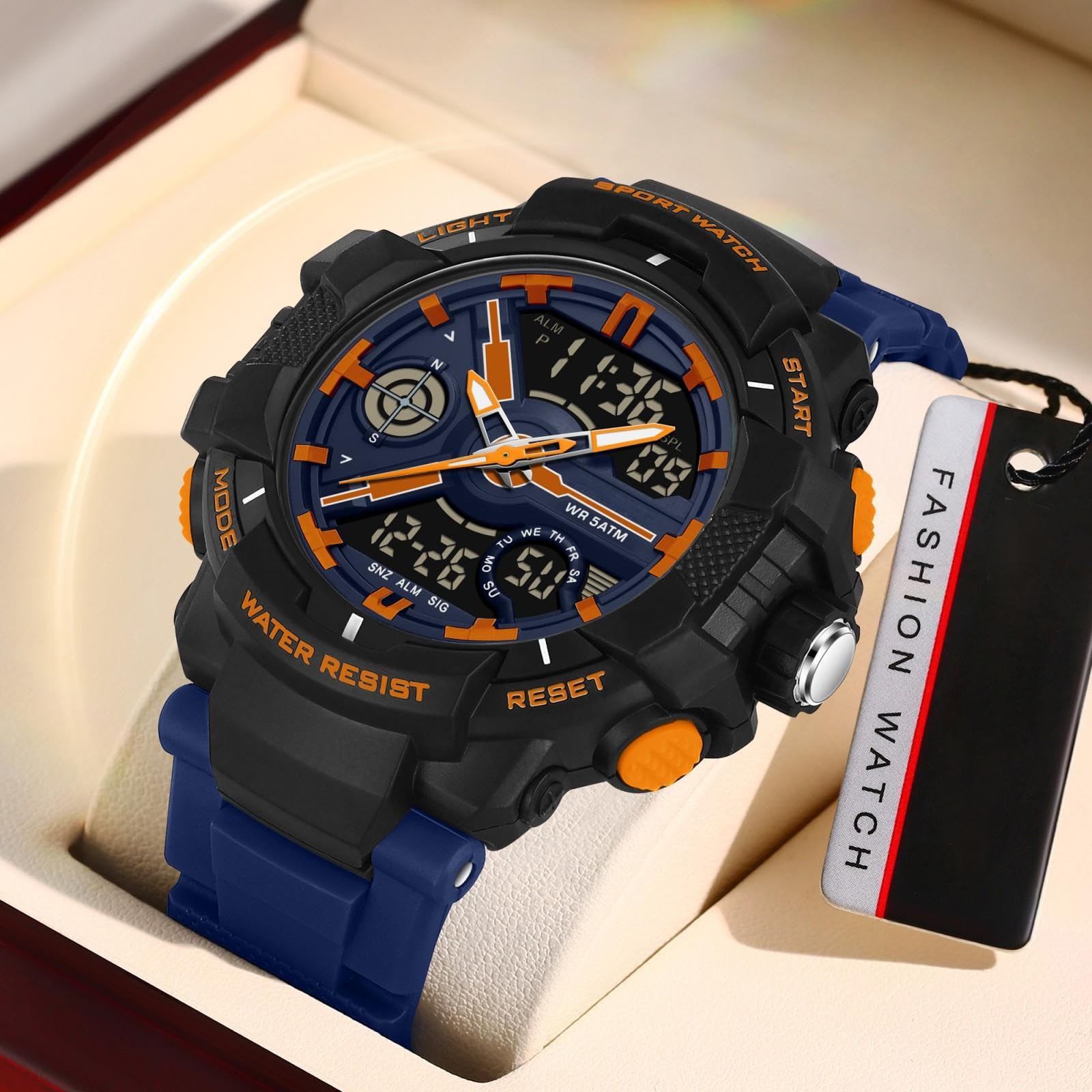 findtime Relojes para hombre y niño, analógico, digital, de cuarzo, naranja, reloj de pulsera con alarma, cronómetro, dos zonas horarias, LED, resistente al agua 5 ATM, relojes deportivos para hombres