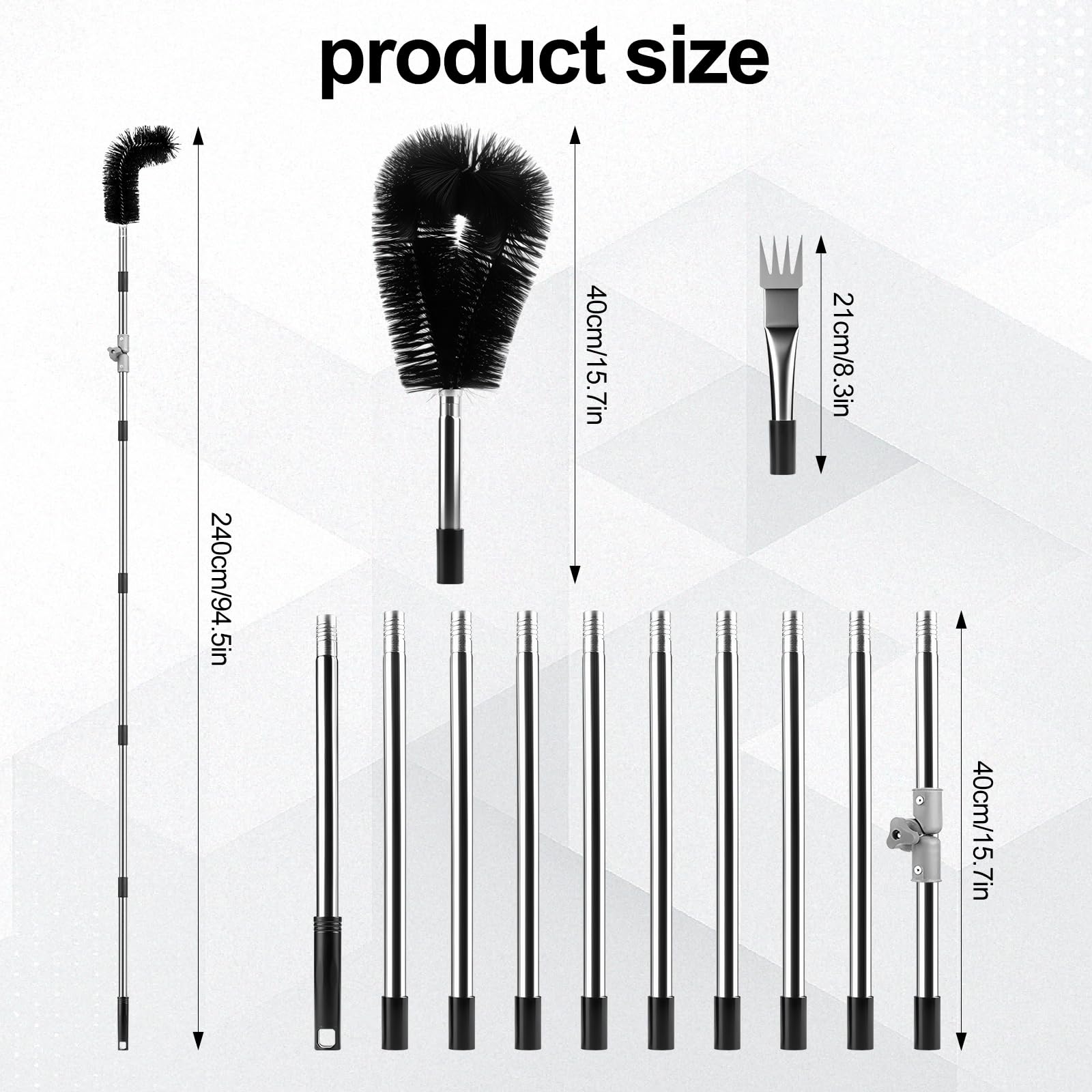 Kit de limpieza de canalones telescópico de 4 m, poste de ángulo ajustable con cepillo y cuchara para eliminar hojas, desechos y telarañas, herramienta de limpieza de canalones de techo para