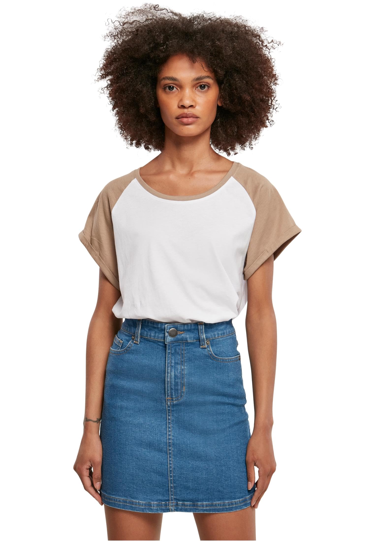 Urban Classics Women's Basic T-Shirt with Contrasting Sleeves for Women, Ladies Contrast Raglan Tee Available in Over 10 Colours, Sizes XS - 5XL, White/Soft Taupe, XL