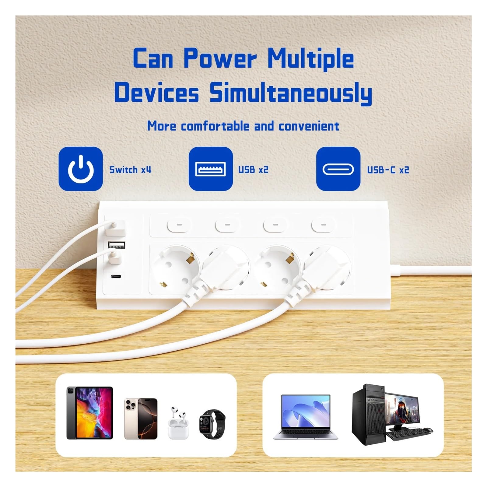 Regleta de enchufes UE 8 en 1 con 4 interruptores, extensión de 1,5 metros, 4 enchufes de CA, 2 puertos USB tipo C, esquina, independiente(Black)