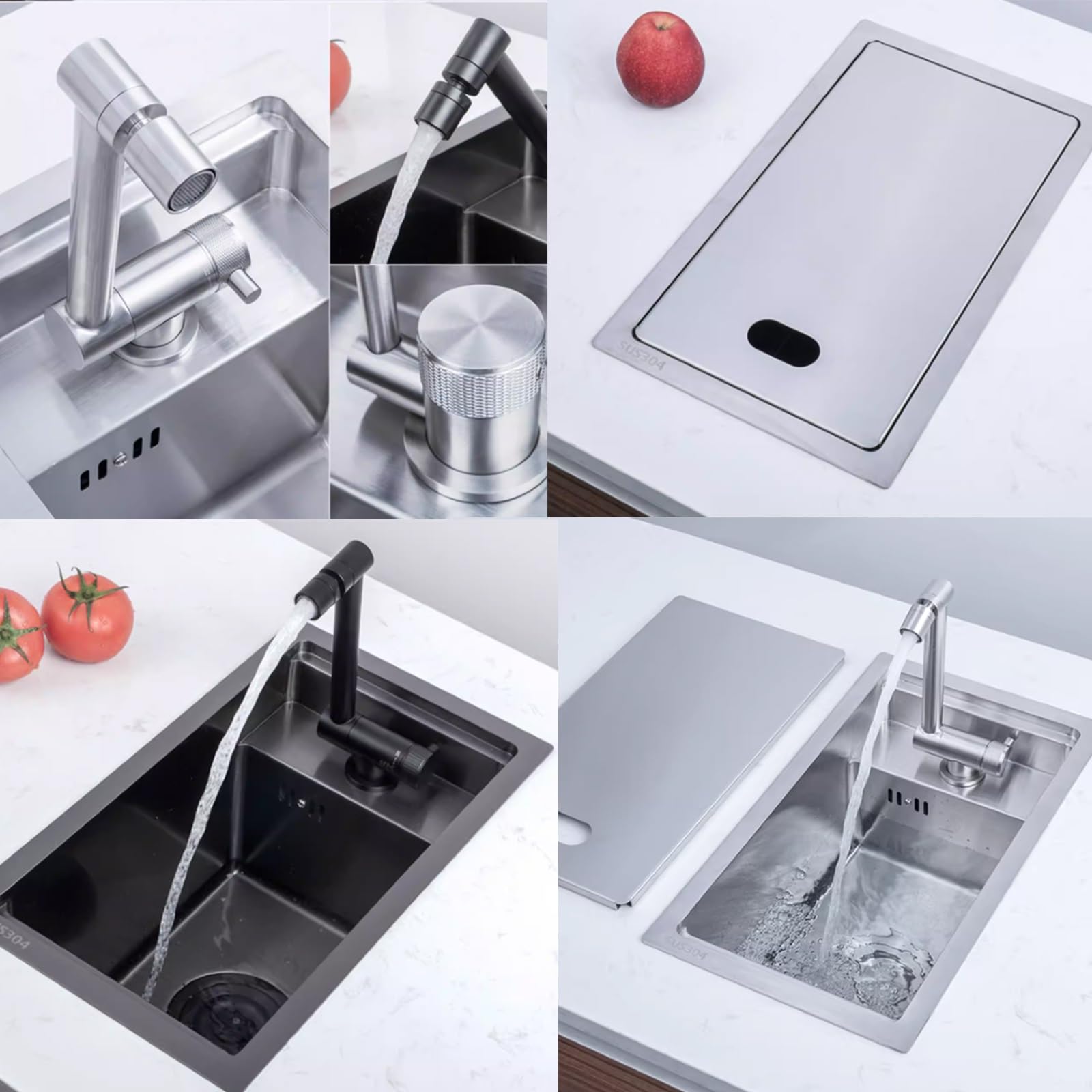 Fregadero Camper con Tapa y Grifo Plegable, Lavabo Caravana de Empotrar, Fregadero Pequeño de Acero Inoxidable para Barcos, Caravanas y Yates(Black)