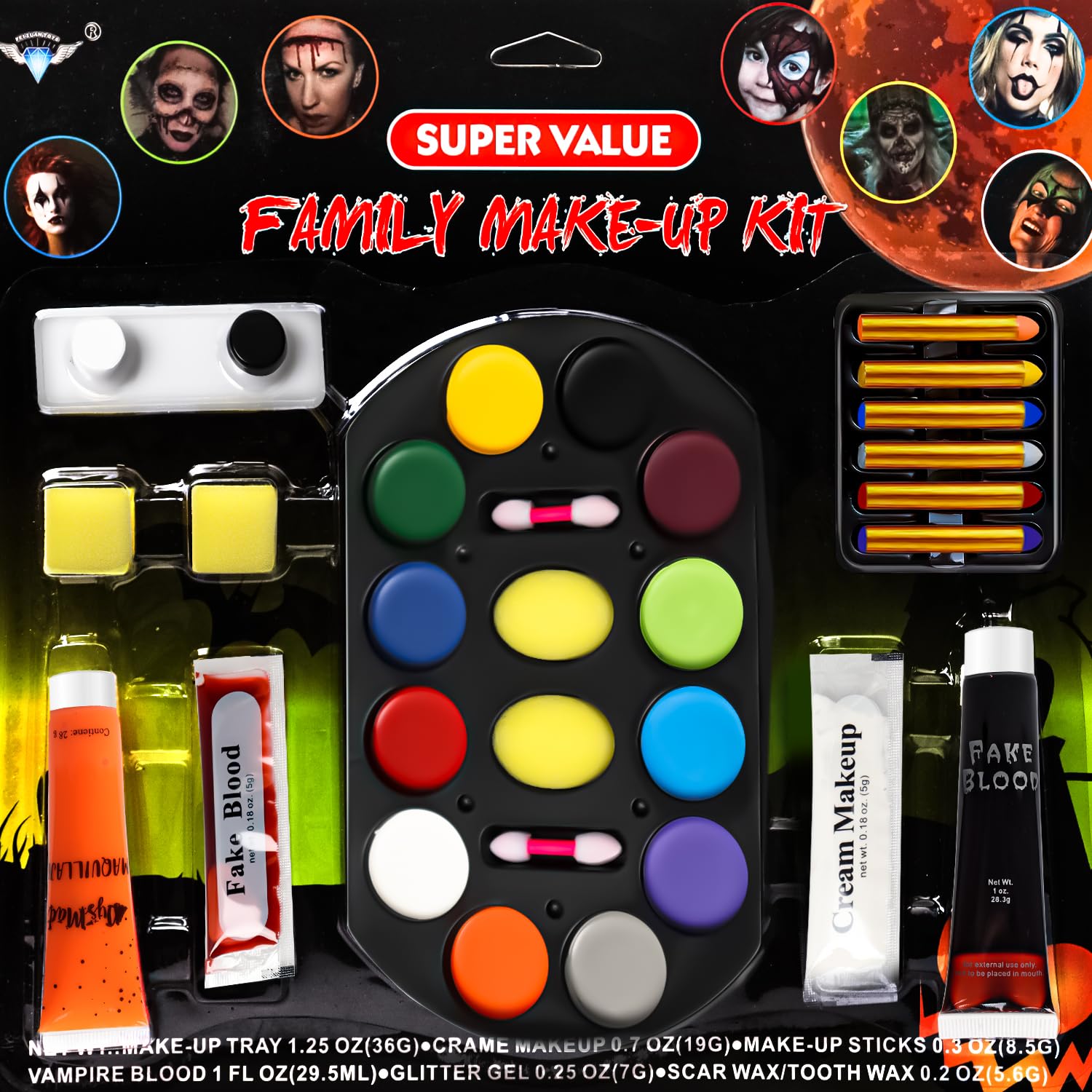 Maquillaje Carnaval Kit, Halloween Pinturas Cara para Niños Adulto con Sangre Falsa Halloween Zombie Vampiro, Pintura Facial Halloween Sfx Makeup Set Fiesta Cosplay