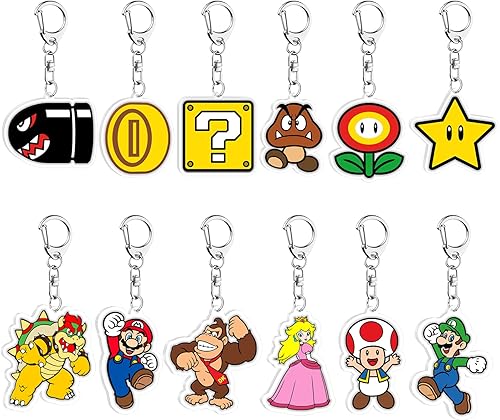 Suministros de fiesta de cumpleaños de Mario, 24 llaveros acrílicos para regalos de fiesta de cumpleaños de Mario, regalos de fiesta temática de