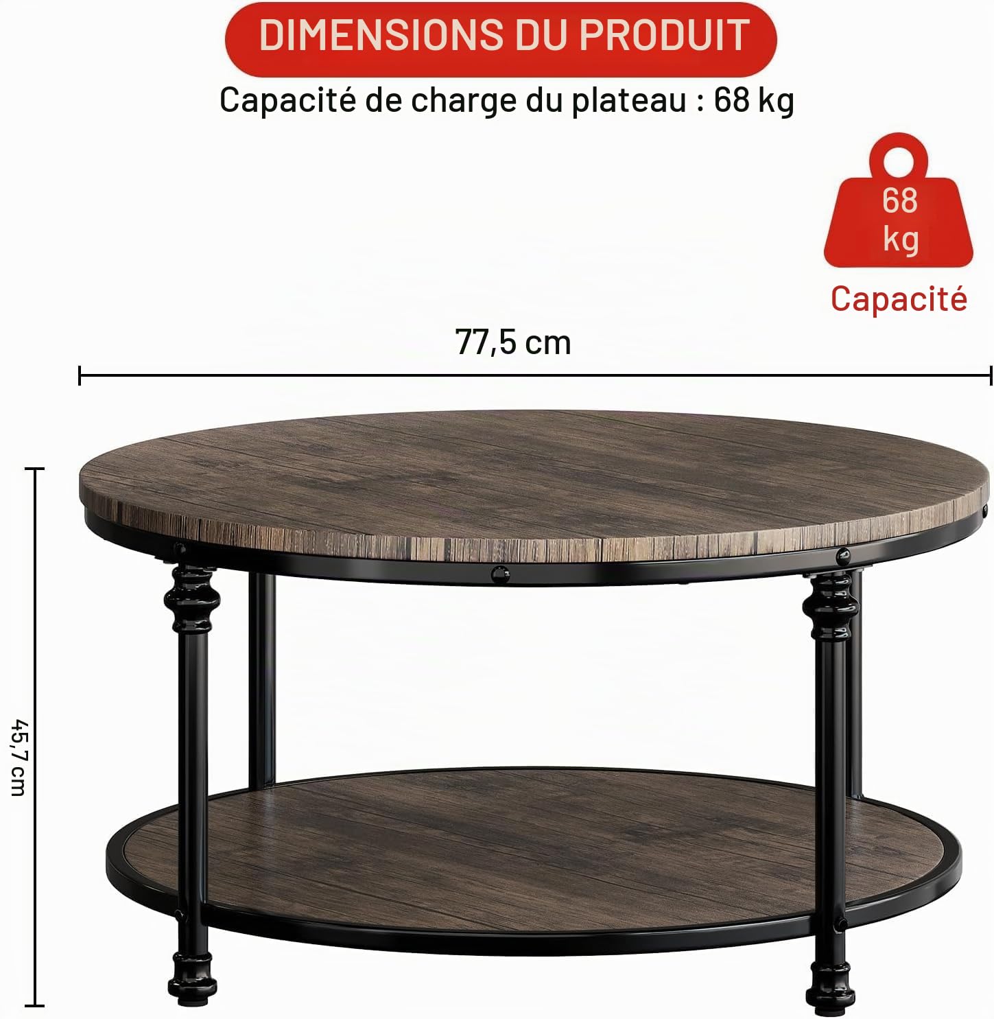 Grande Table Basse Ronde en Bois Massif, Table de Salon Vintage Rétro en 2 Niveaux,End Table,Table d'Appoint avec 4 Pieds en Colonne pour Salon, Séjour,Bureau - 72x72x48cm (Brun Clair)