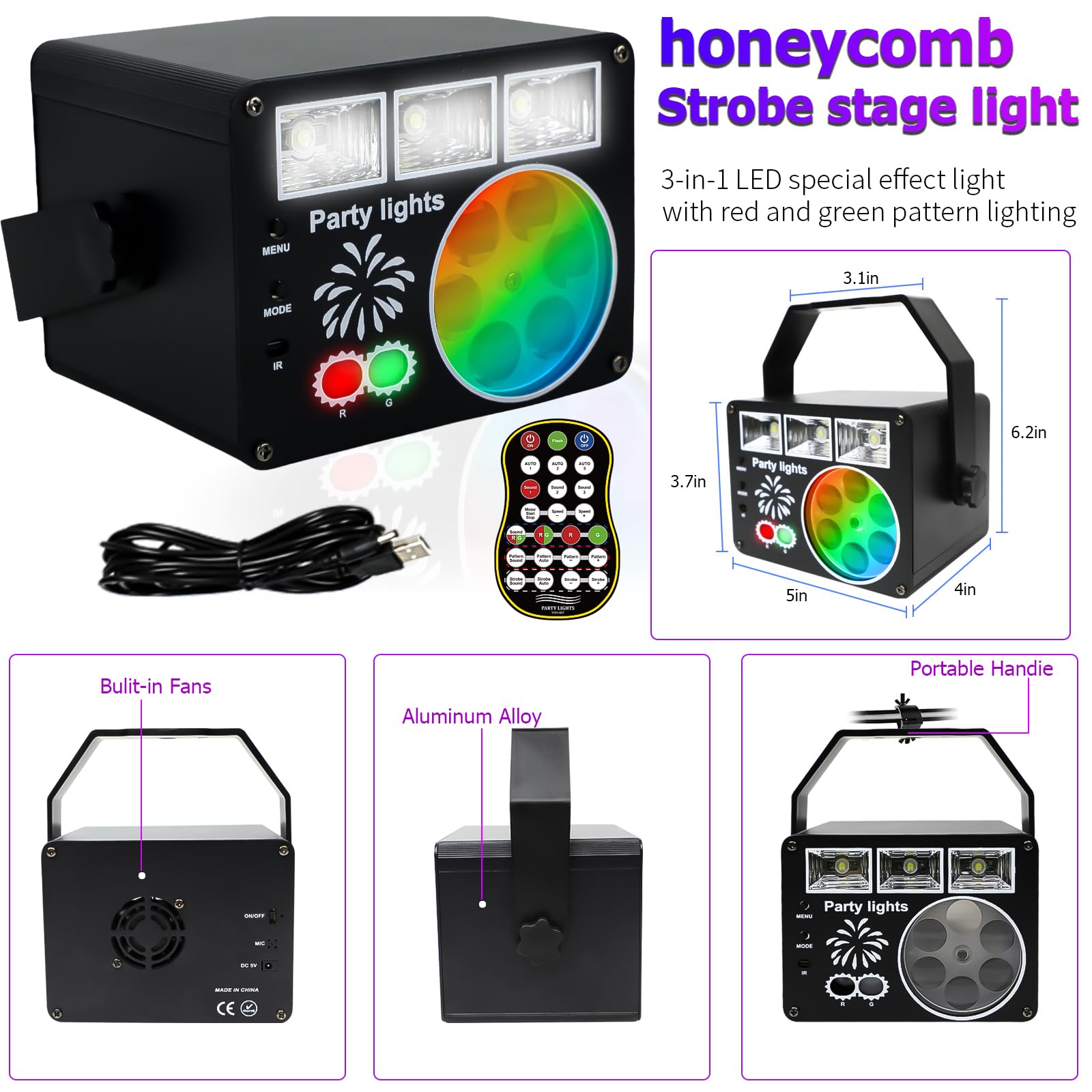Luces de escenario con haz amarillo y verde, 3 efectos estroboscópicos blancos y patrones LED RGBYW, sincronización de música activada por sonido, control remoto para fiestas de DJ, clubes