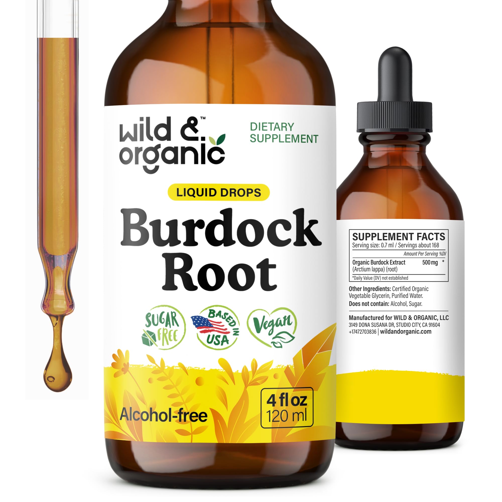 Wild & Organic Burdock Root Tincture - Liquid Supplement for Antioxidant, Detox, Digestive Support - Burdock Root Herb Drops - Vegan, Sugar & Alcohol-Free - 4 fl oz