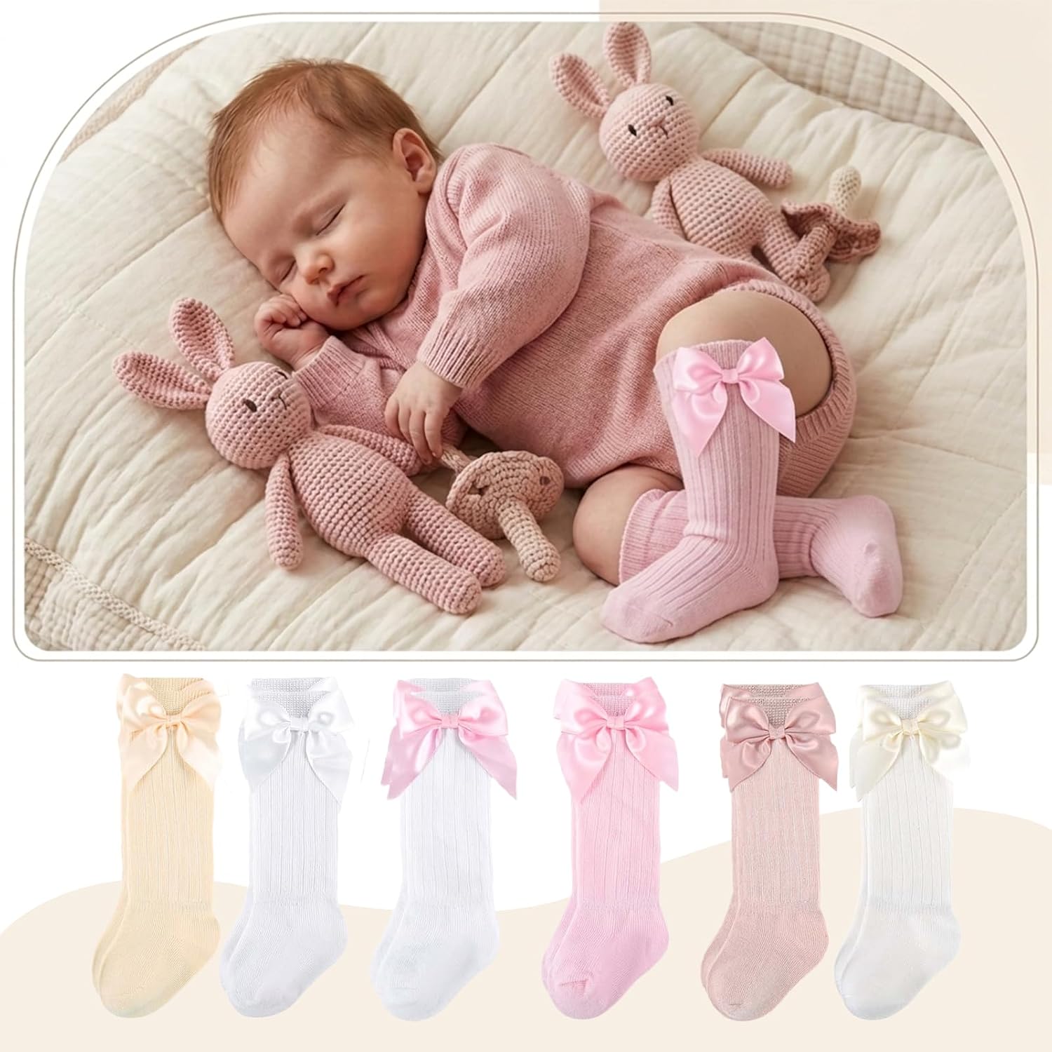 6 Pairs Preemie Newborn Knee High Long Socks with Bows 0-3 Months | soft cotton long tube socks available in beautiful multi-color packs premature baby socks baby girl long socks