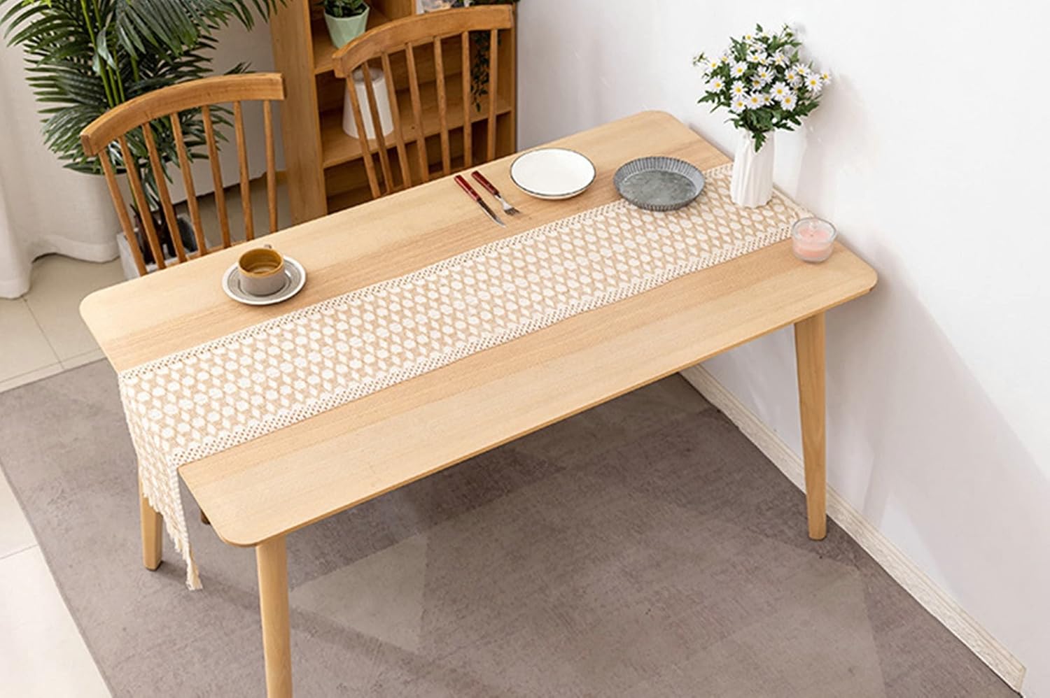 Kitchen Dining Table Runner,12" x 63",Braided with Tassels Linen Table Runner Modern Living Room Table Runners Light Brown