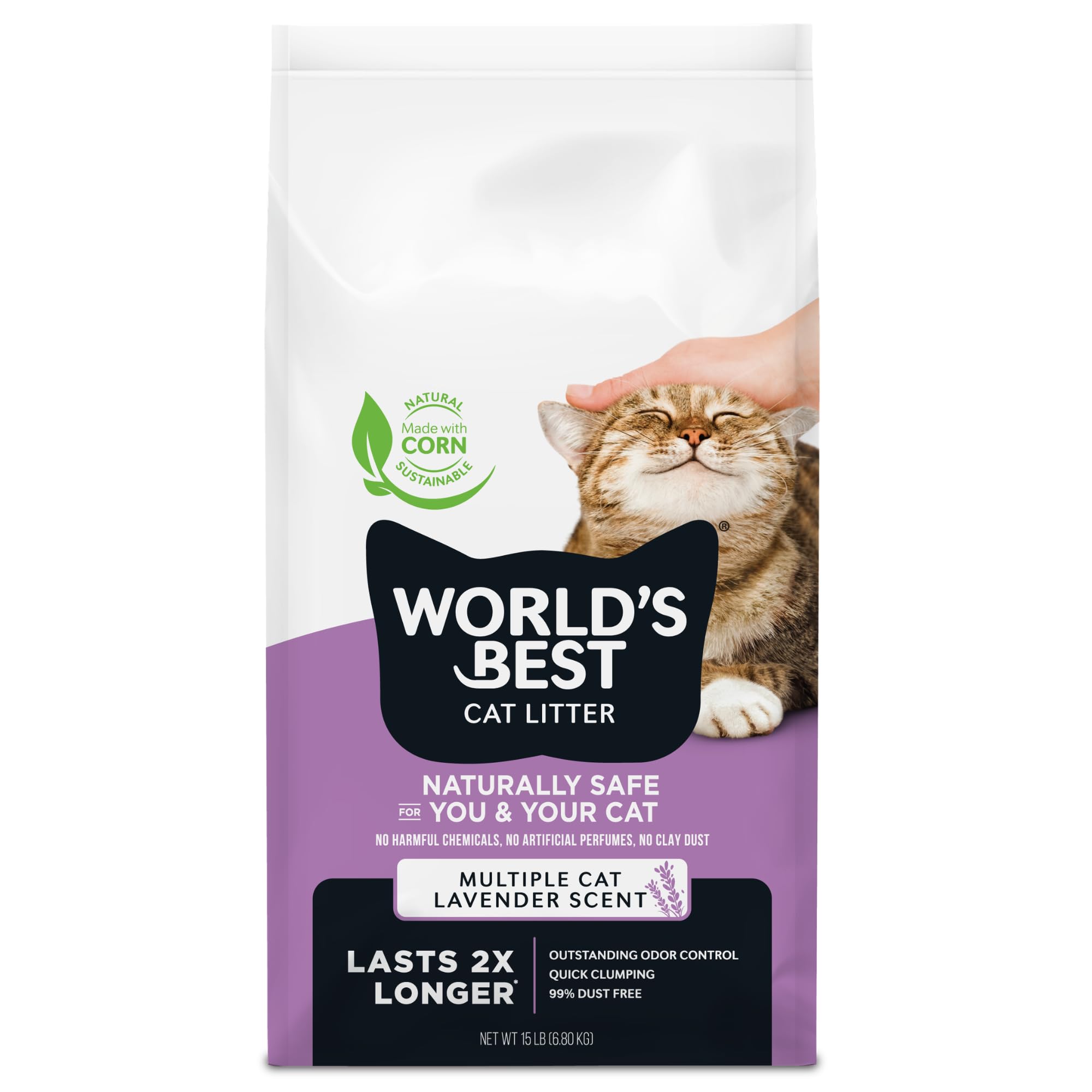 WORLD'S BEST CAT LITTER Multiple Cat Lavender Scented 15-Pounds - Natural Ingredients, Quick Clumping, Flushable, 99% Dust Free & Made in USA - Calming Fragrance & Long-Lasting Odor Control