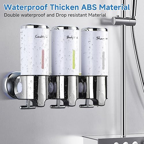 Vista 3 de Dispensador de champú y acondicionador, dispensador de jabón de ducha de 3 cámaras, sin taladro, dispensador de champú para ducha, dispensador
