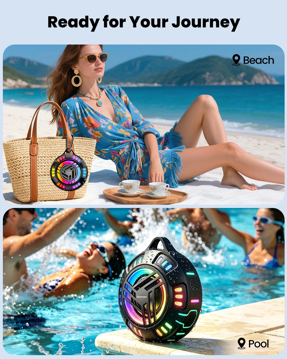 JTEMAN Altoparlante da doccia Bluetooth impermeabile portatile, IPX7, altoparlante esterno impermeabile con 7 modalità di luce LED, ventosa e moschettone, altoparlante wireless galleggiante per