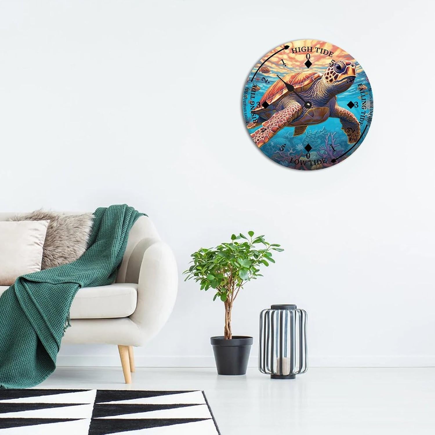 Vintage Beach Time Tide Clock - Sea Turtle Tidal Clock Moon Clock Silent Non-Ticking Battery Operated Wooden Wall Clock for Cottage Beach Boat Living Room Bedroom Home Decor 15x15 in