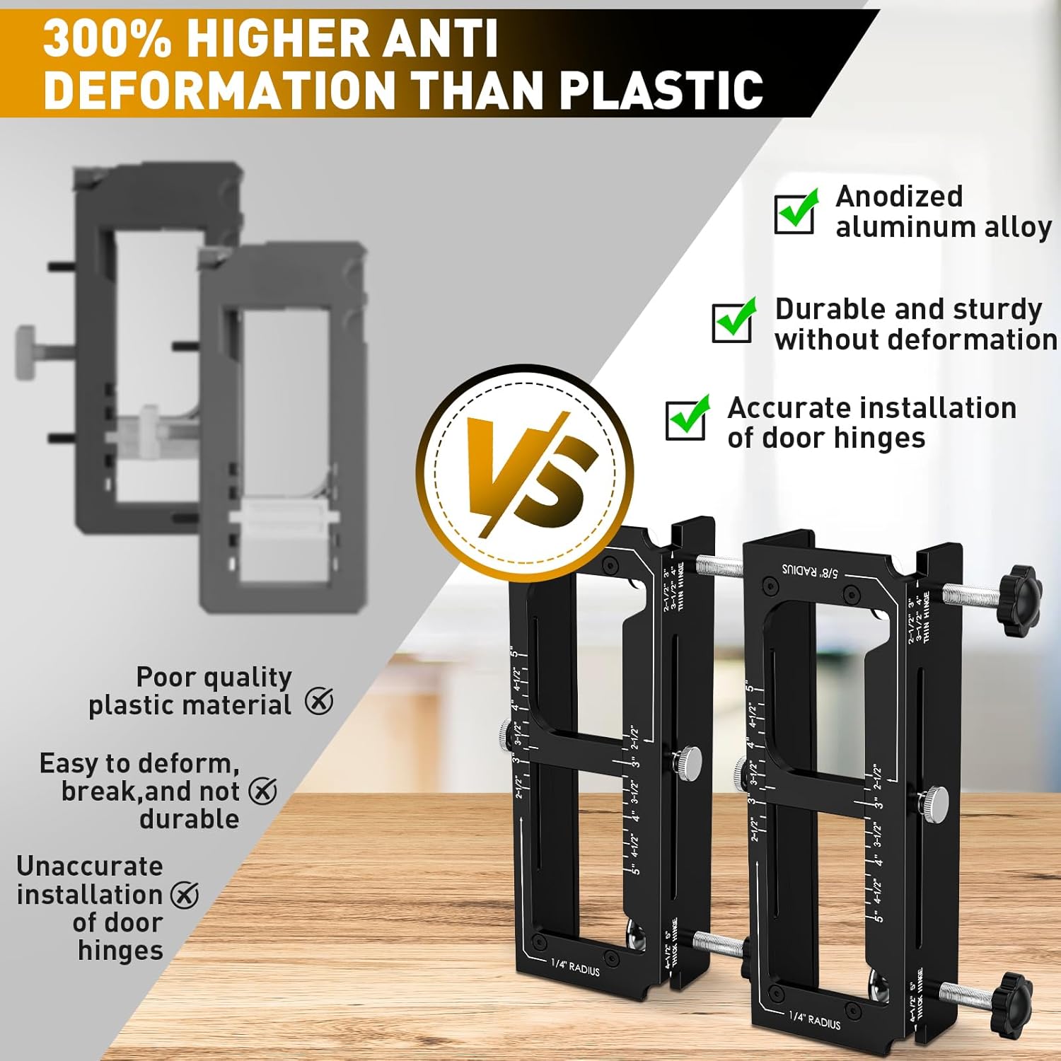 Door Hinge Jig, Door Hinge Router jig for Doors Only, Aluminum Alloy Door Hinge Template Mortise jig Kit for Router, Fits 2.5" to 5" Hinges, 1/4" Radius, 5/8" Radius, Square Corner Type, Not for Jamb