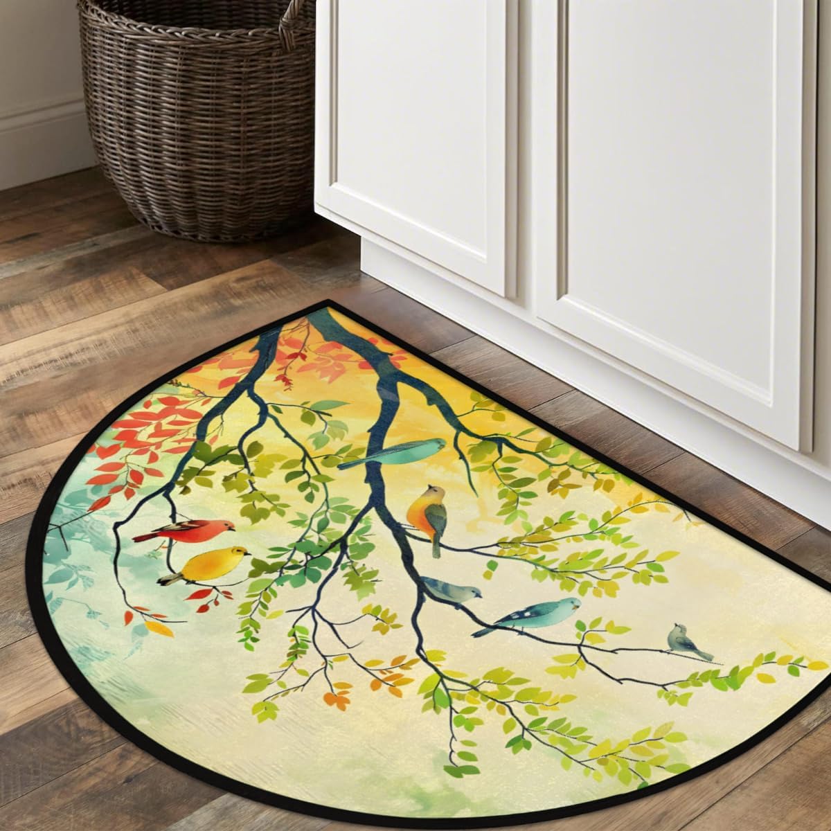 Birds Branches Colorful Half Round Door Mat Non-Slip Welcome Entryway Soft Area Rug Absorbent Bathroom Rugs Wear Resistant Indoor Kitchen Mats 24 x 36 in for Home Deck Patio Garage