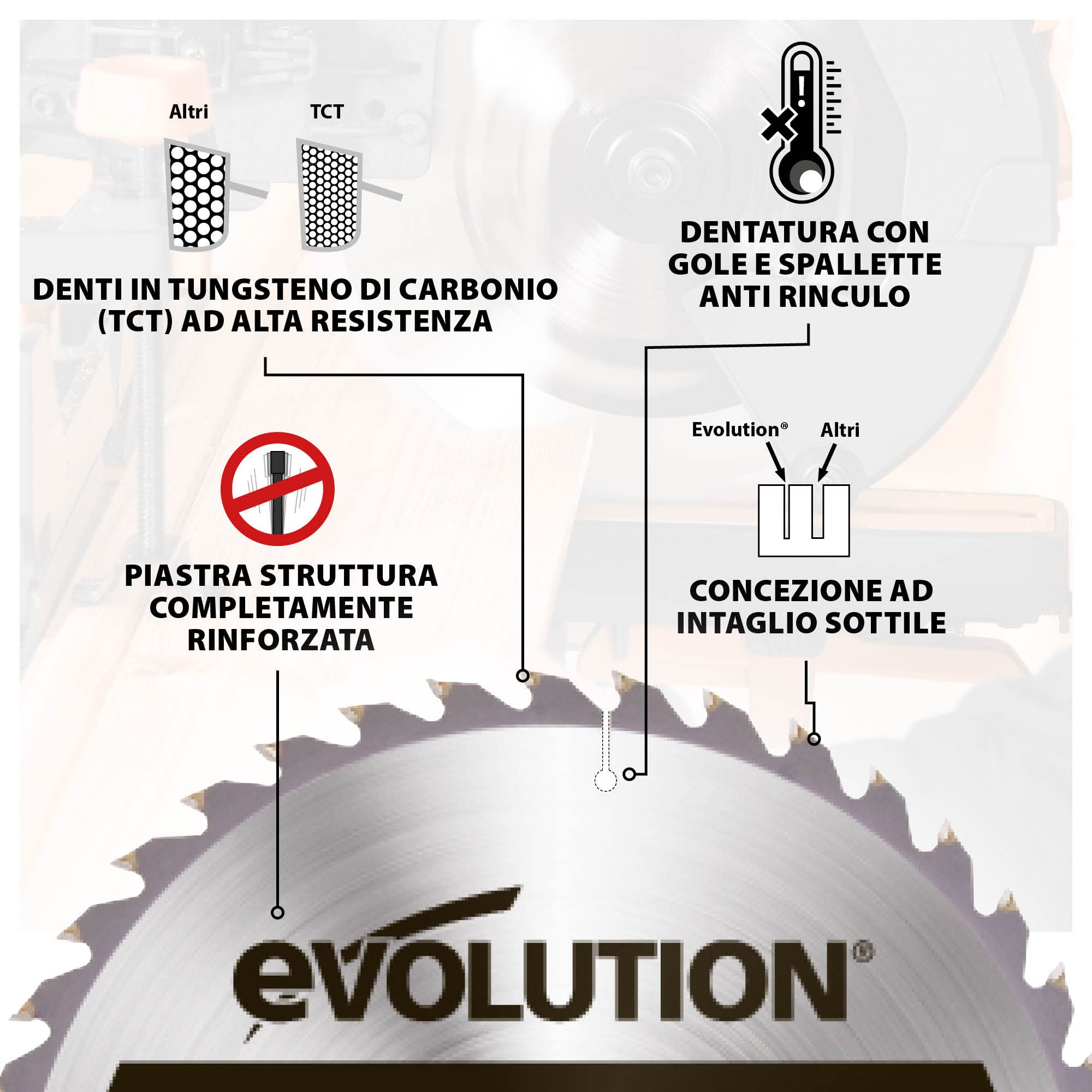 Evolution Power Tools - lama per legno pregiato da 255 mm, lama per sega a taglio incrociato per tagli migliori su legno duro e tenero, lamiere, per circolari, disco sega
