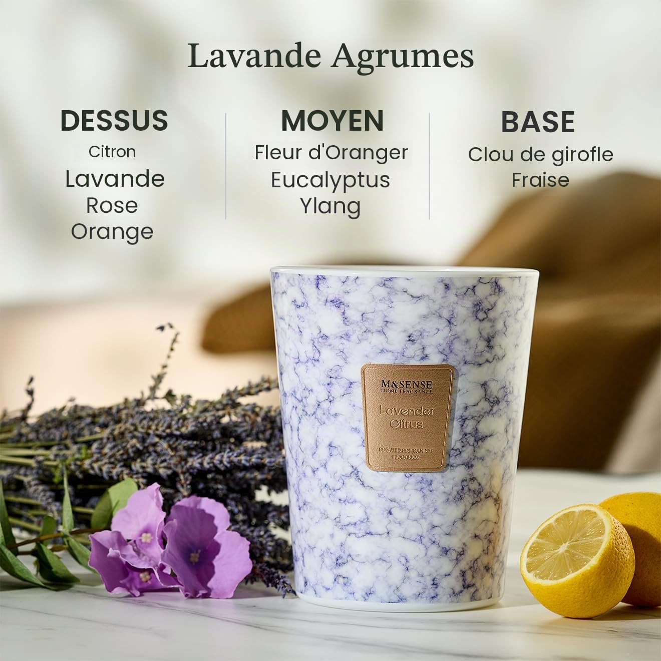 M&SENSE Bougie parfumée 990g|Lavande Agrumes|150h de combustion & 3 mèches|Bougie Decorative naturelles en cire de soja|Aromathérapie relaxante|Cadeau pour femme & homme,Modern Marble Jar