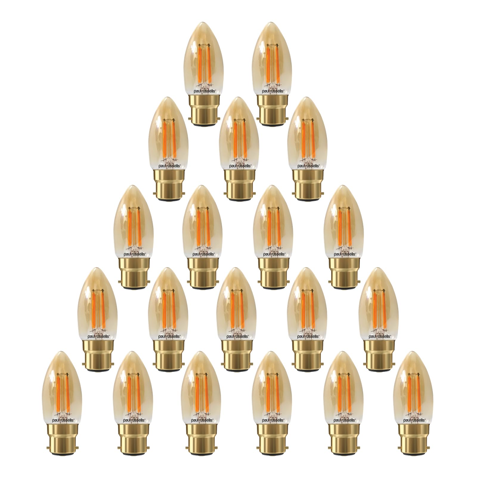 paul russells LED Filament Candle – Dimmable Bayonet Cap B22 Light Bulbs, 4.5Watt 423LM C35 Bulbs, 40w Equivalent, 2200K Extra Warm White Dimmer BC Energy Saving Chandelier Lamps, 20 Pack
