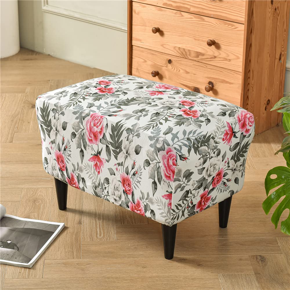 Highdi Rose Stretch Ottoman Cover Rectangle Footstool Slipcover With Elastic Bottom, Pastoral Floral Removable Washable Pouffe Cover Footrest Stool Cover For Living Room Bedroom (Rose)