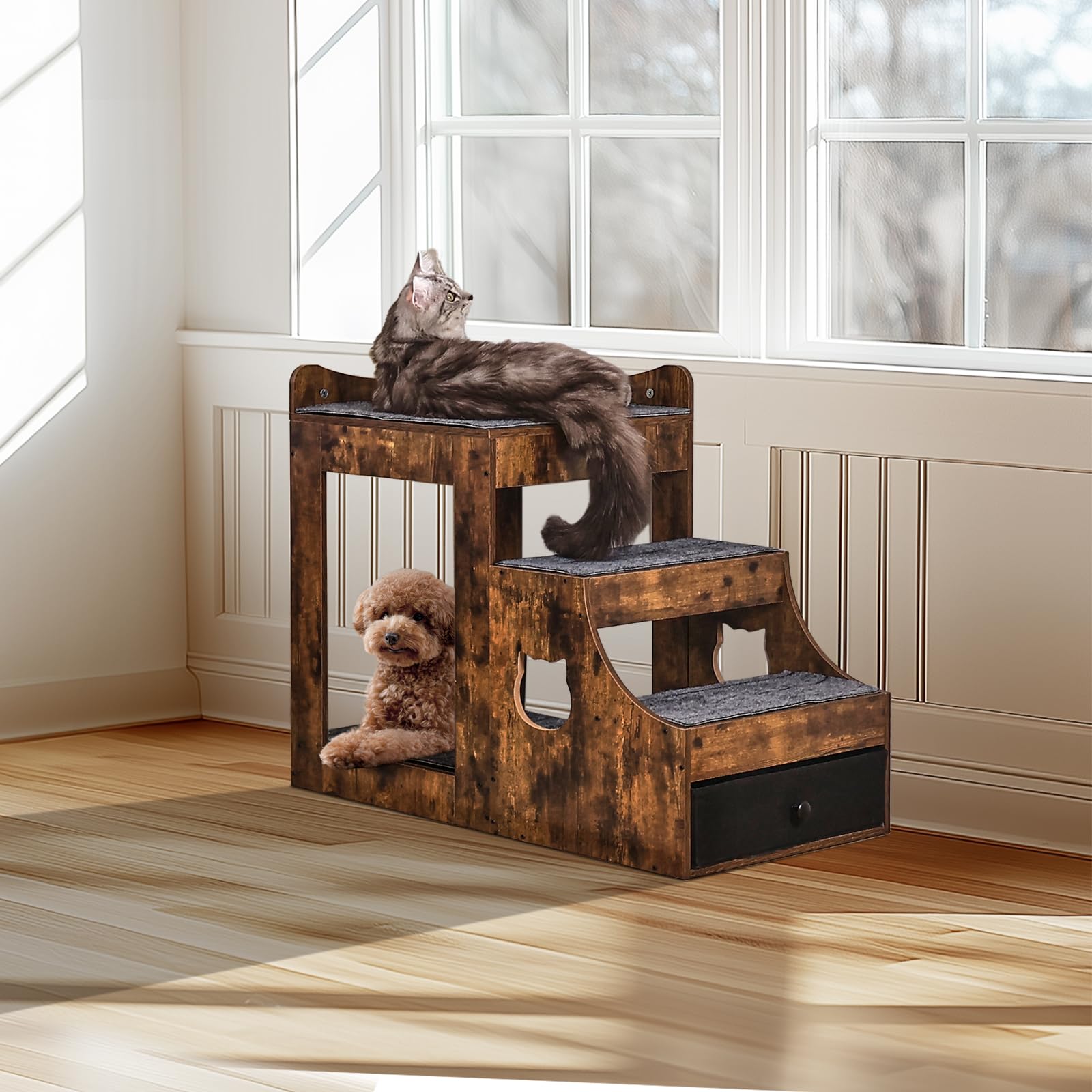 VEVOR Lit Superposé pour Animaux de Compagnie Chien Chat avec Escaliers Amovibles et Tiroir de Rangement, Marron