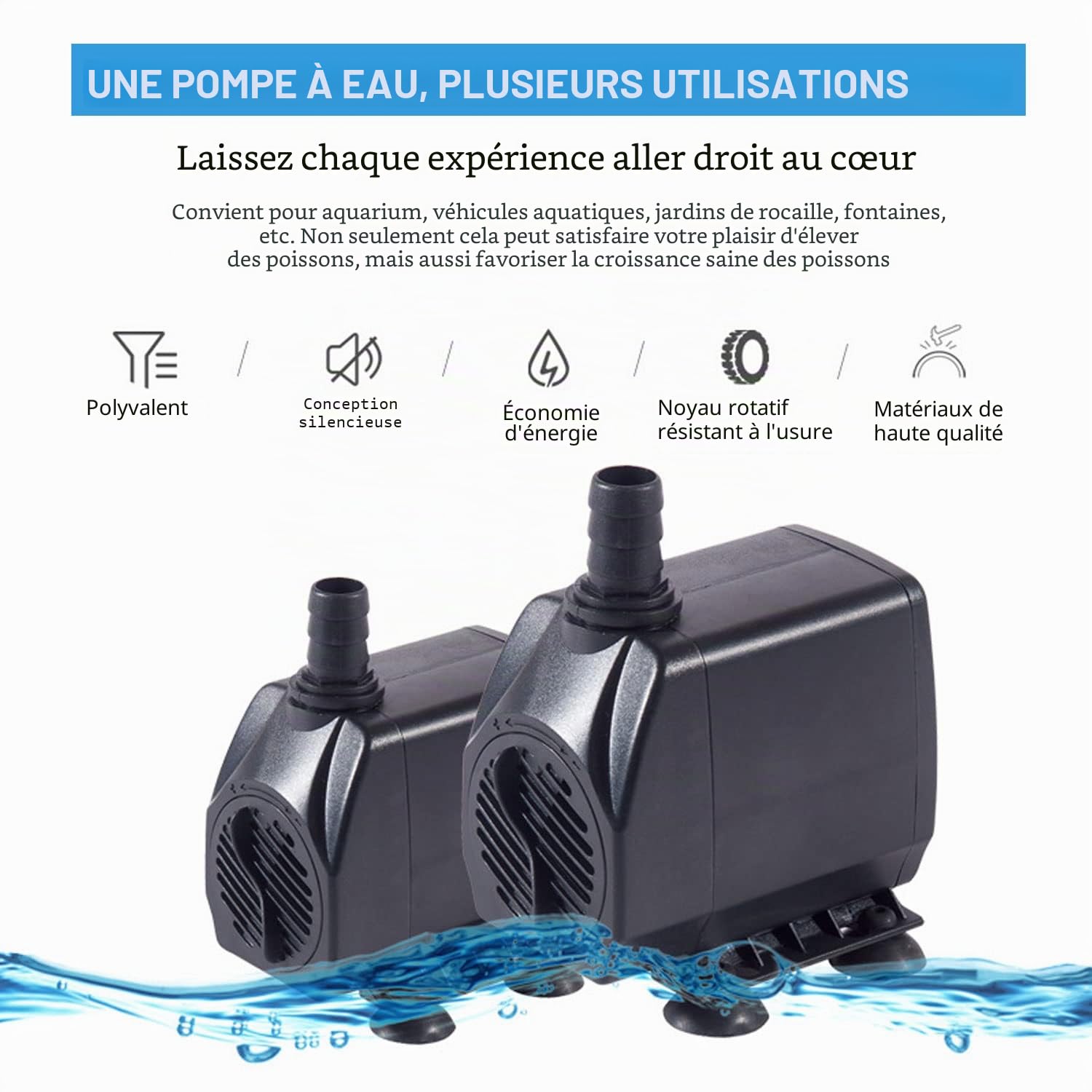 Mini pompe à eau (600 l/h, 10 W), pompe d'aquarium ultra silencieuse avec hub haut, pompe à fontaine avec câble d'alimentation de 1,5 m, 2 buses d'aquarium, étangs, fontaines, statues,