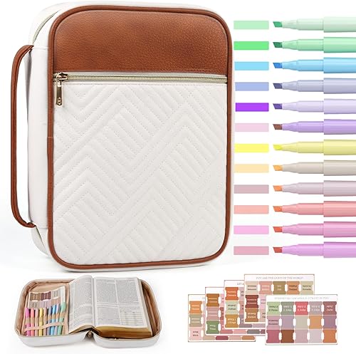 BellaHold Quilted Vegan Leather Bible Cover, Color-Blocked Bible Cover Case for Women, Large Bible Carrying Case with Handle, Bible Study Supplies & Christian Gift for Women (White & Brown, M/L)