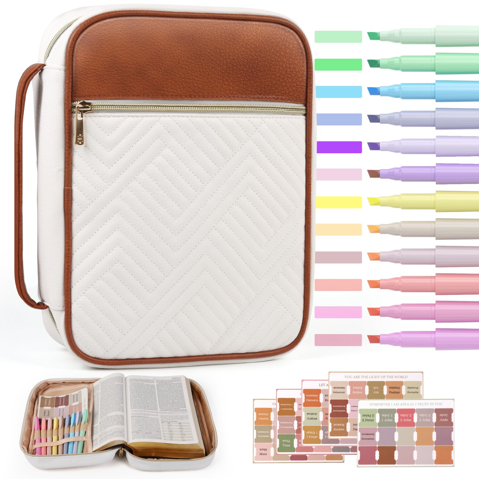 Photo 1 of BellaHold Quilted Vegan Leather Bible Cover, Color-Blocked Bible Cover Case for Women, Bible Carrying Case with Handle, Bible Study Supplies & Christian Gift for Women and Girls (White & Brown, TS/S)