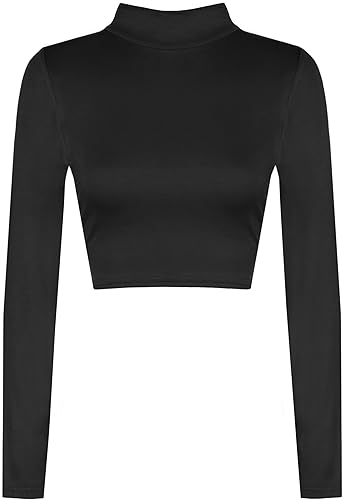WearAll Womens Turtle Neck Crop Ladies Long Sleeve Plain Polo Short Stretch Top Sizes 8-14 - 8-10 Black