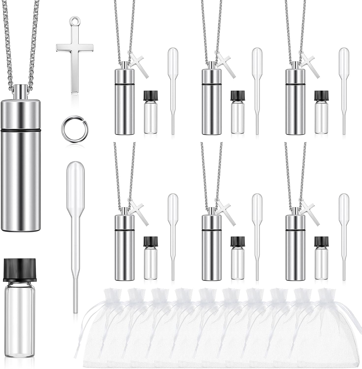 Tandefio 10 Sets Anointing Oil Bottles Necklace Bulk Catholic Holy Water Bottles Necklace with Empty Glass Vial Eyedropper Cross Pendant for Baptism Party Favors Christian First Communion Gifts