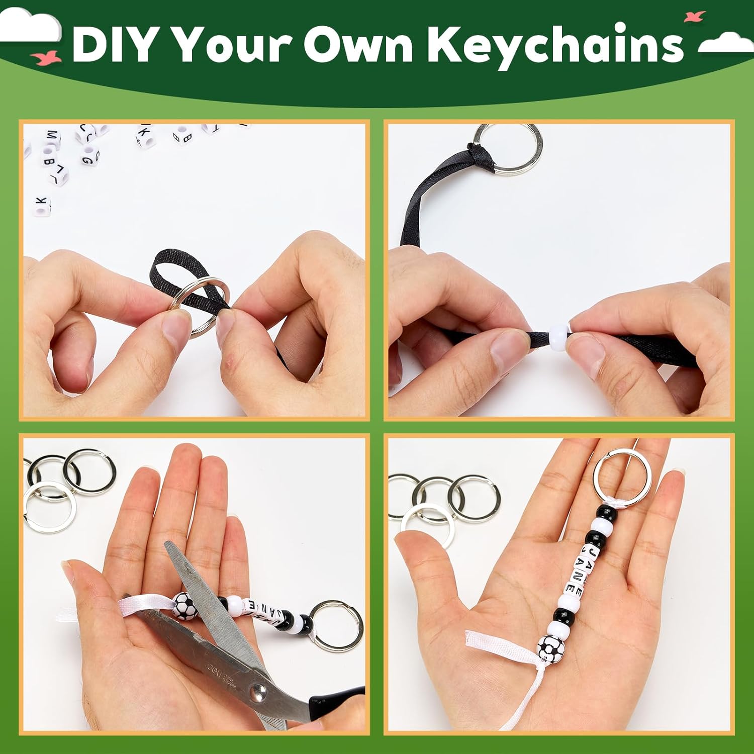 Defresit 762 Pcs DIY Soccer Keychain Kit Bead Craft Set with Soccer Beads, Letter Beads, Ribbons & Storage Bags for Soccer Party Favors, Soccer Gifts, Goodie Bags Stuffers & Team Events - Image 3