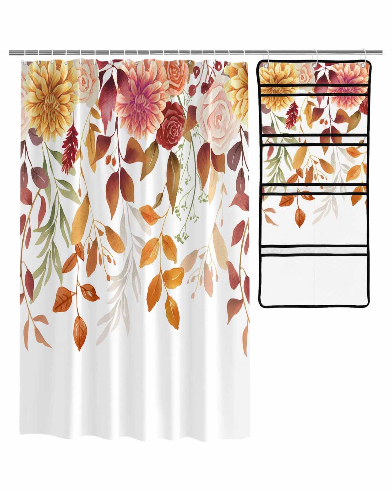 Decorative Shower Curtain Sets Thanksgiving Fall Fabric Waterproof Shower Curtains Vintage Autumn Eucalyptus Leaf Flowers White Mesh Shower