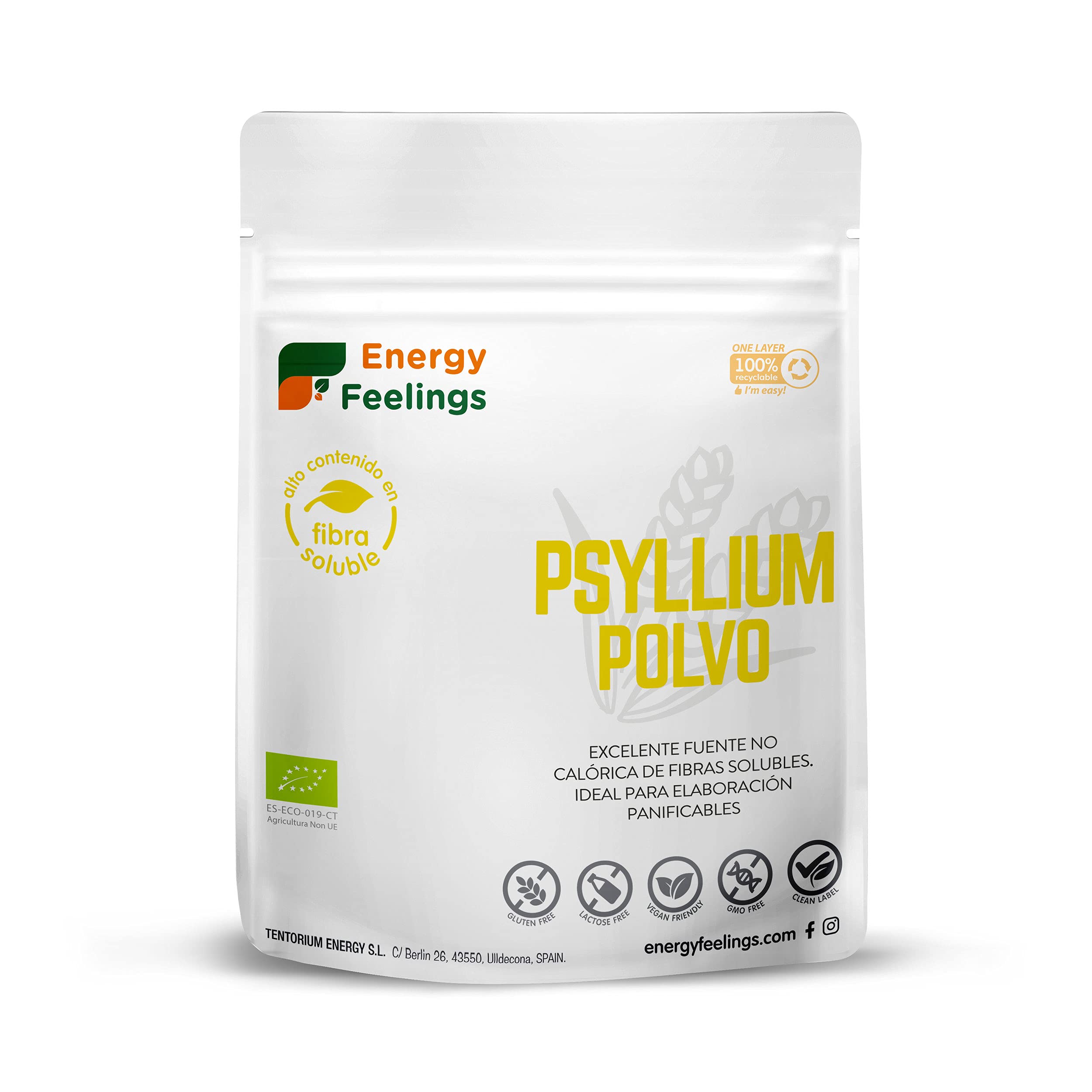 Energy Feelings Semilla de Psyllium en polvo BIO, Psyllium Sin Gluten, Prebiótico, Fibra Saciante, con Cáscara en Polvo, 200 gr