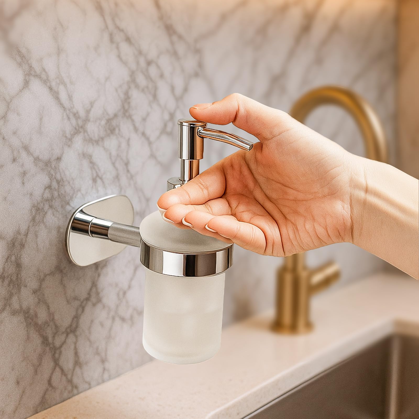 Self Adhesive Bathroom Soap Dispenser | Stainless Steel 304 Chrome Polished Wall Mounted Liquid Soap Holder with 3M Tape | Rust Proof & No Drill Bathroom Accessories(Soap Dispenser)-image-32