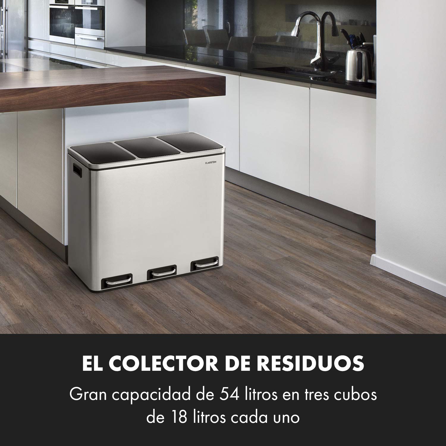KLARSTEIN Grandmaster Trash Cubo con pedal, Separador de residuos 54 litros con 3 cubos de 18 litros, Reciclaje, PP/carcasa de acero inox, Asas, Acero inox cepillado/negro