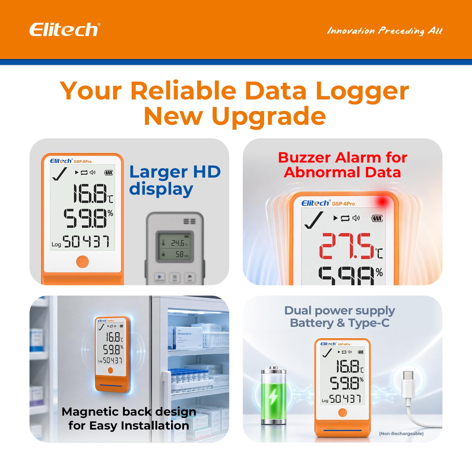 Elitech Rejestrator temperatury Bluetooth 1 sonda żelowa i 1 sonda TH z danymi cienia, raport PDF CSV 100 000 punktów, certyfikat kalibracji lodówki aptecznej, GSP-6Pro GLE+THE
