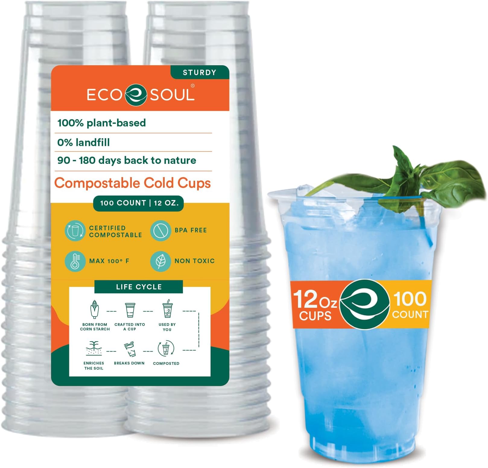 - 100 Pack Compostable Party Cups 12 oz Plant-Based Disposable Clear Cold Cup for Wine, Coffee, Smoothie & Soda Drinks | Cocktail Parties & Birthdays | Non-Toxic & BPA-Free Zero Plastic Glass