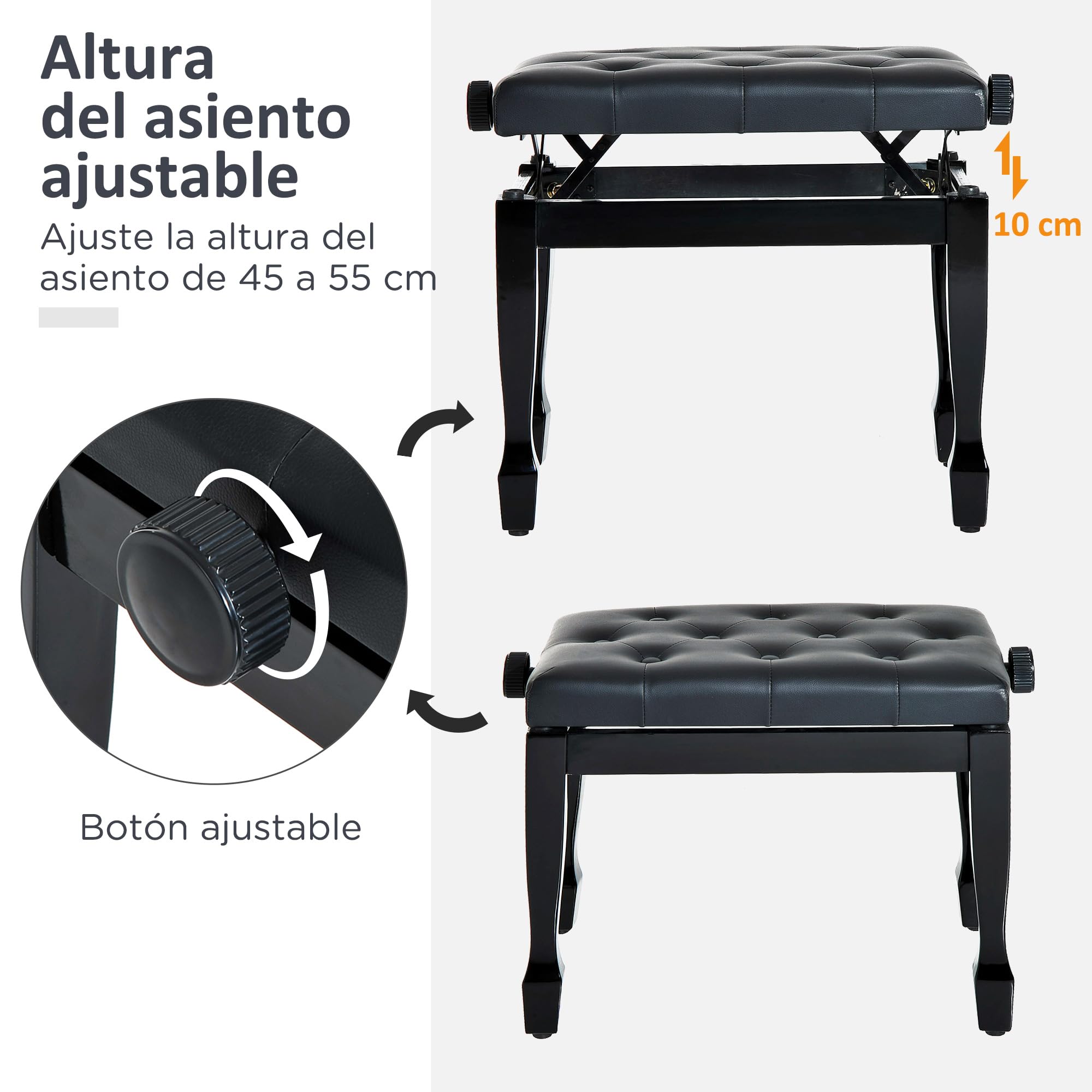 HOMCOM Banco de Piano Banqueta de Piano Ajustable 64x35x55 cm Negro | Asiento de Cuero Sintético, Patas de Madera, Carga Máxima 200 kg