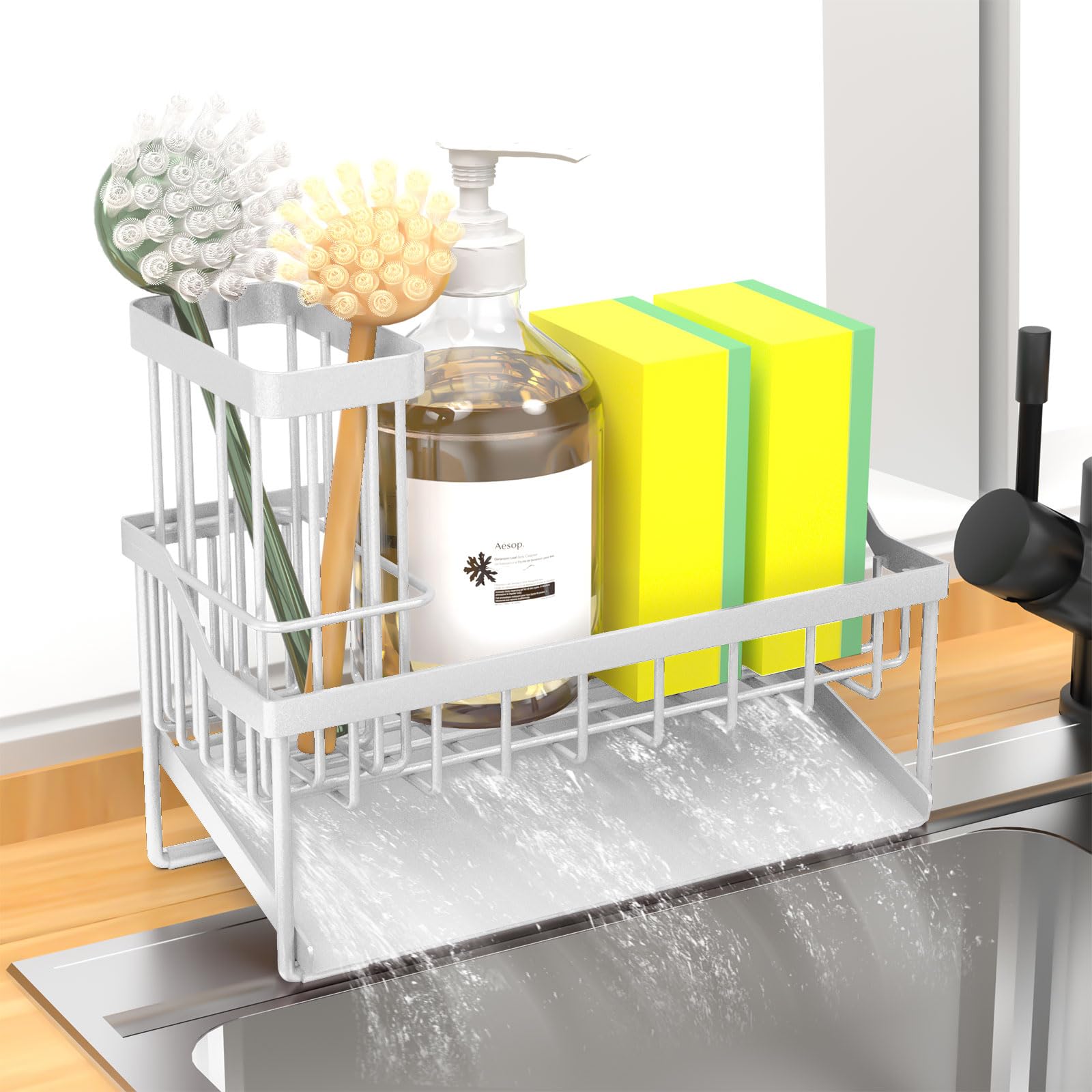 Vanwood Kitchen Sink Caddy Sponge Holder with Brush Holder, Cocina Organizer and Storage Dish Soap Sponge Caddy with Auto Draining Tray